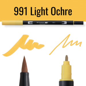 Tombow ABT pen in kleur 991 Light Ochre met voorbeelden van schrijfstijl