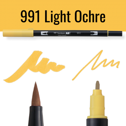Tombow ABT pen in kleur 991 Light Ochre met voorbeelden van schrijfstijl
