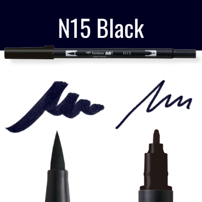 Zwart Tombow ABT dual brush pen met voorbeelden van schrijfstijl