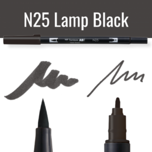 Tombow ABT dual brush pen N25 Lamp Black met voorbeelden van schrijfstijl
