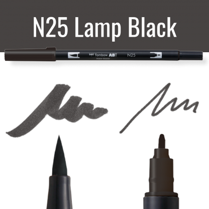 Tombow ABT dual brush pen N25 Lamp Black met voorbeelden van schrijfstijl