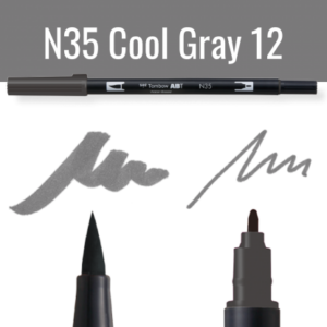 Zichtbare Tombow ABT pen in Cool Gray 12 met schrijfvoorbeelden op zwarte achtergrond