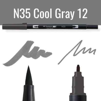 Zichtbare Tombow ABT pen in Cool Gray 12 met schrijfvoorbeelden op zwarte achtergrond