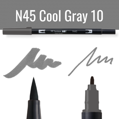 Tombow ABT Dual Brush pen N45 Cool Gray 10 op zwarte achtergrond