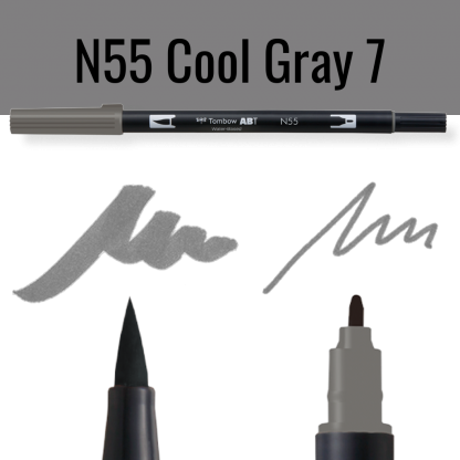 Tombow ABT dual brush pen N55 Cool Gray 7 op zwarte achtergrond