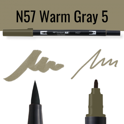 Tombow ABT Dual Brush Pen N57 Warm Gray 5 met voorbeelden van schrijfstijl