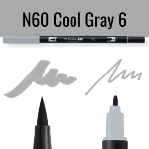Tombow ABT pen N60 Cool Gray 6 op zwarte achtergrond met schrijfvoorbeelden