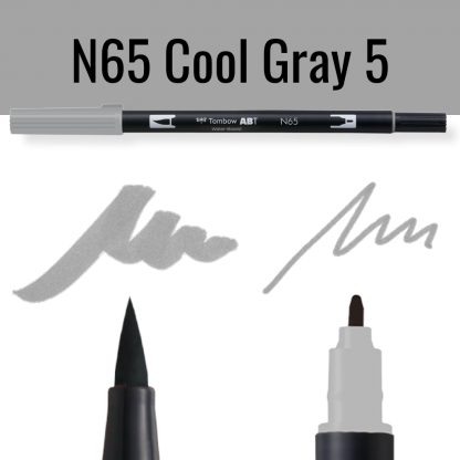 Tombow ABT pen in Cool Gray 5 met schrijfvoorbeelden op zwart