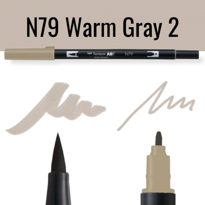 Tombow ABT dual brush pen N79 Warm Gray 2 met voorbeelden van schrijfstijl