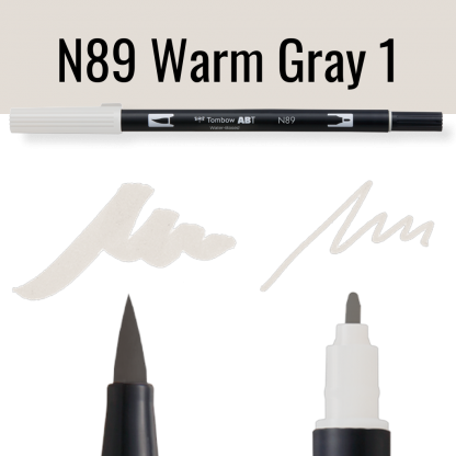 Tombow ABT pen N89 Warm Gray 1 met schrijfvoorbeelden op zwart