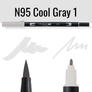 Tombow ABT pen N95 Cool Gray 1 op zwarte achtergrond met schrijfvoorbeelden
