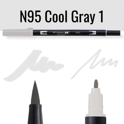 Tombow ABT pen N95 Cool Gray 1 op zwarte achtergrond met schrijfvoorbeelden
