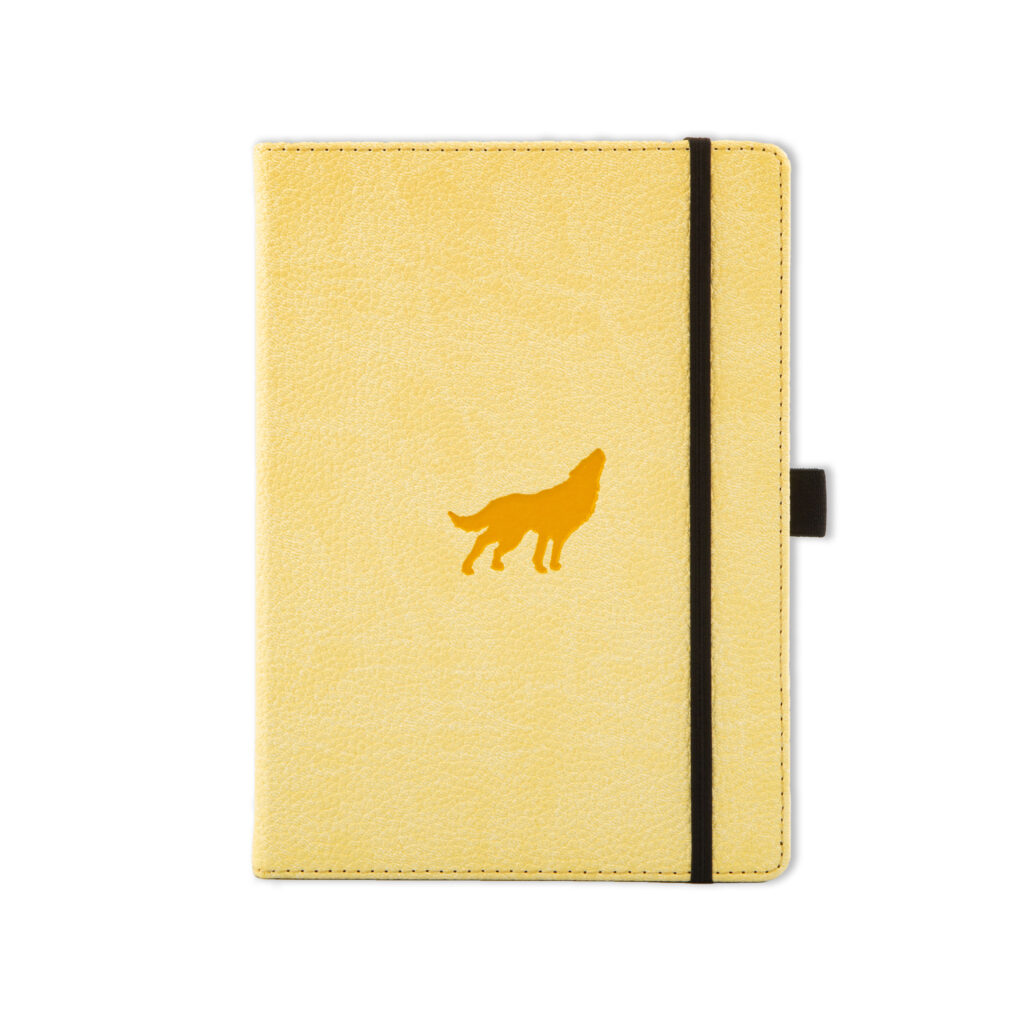 Gele notitieboek met wolfmotief en zwarte elastiek