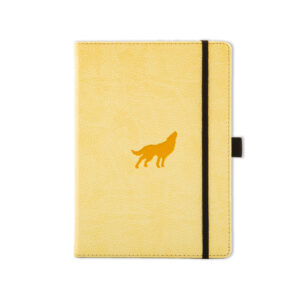 Gele notitieboek met wolfmotief en zwarte elastiek
