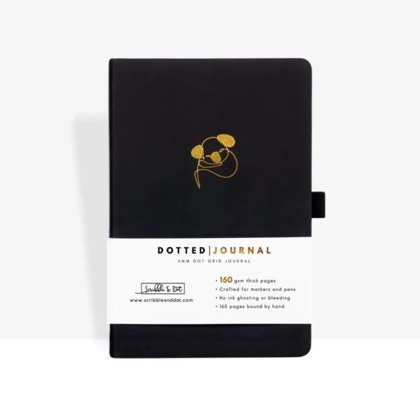 Zwart notitieboek met gouden koala-afbeelding en witte band
