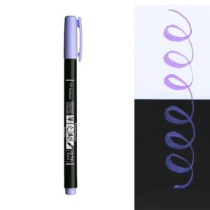 Zichtbare Tombow Fudenosuke pen in pastel paars met schets op wit en zwart papier