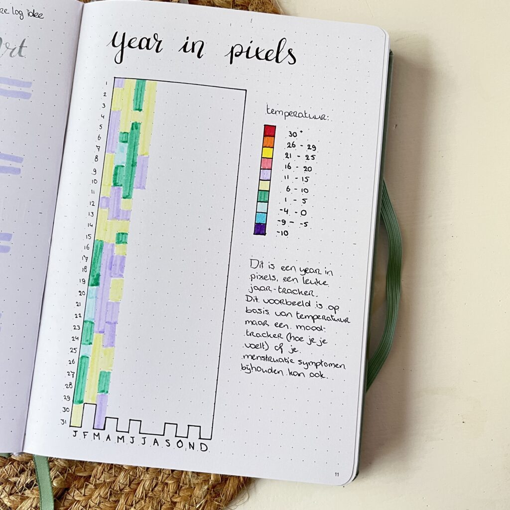 Year in pixels bullet journal tracker spread