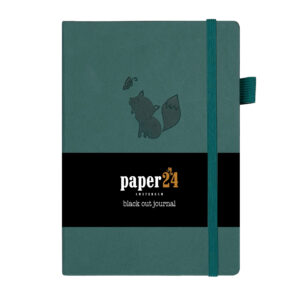 Groen notitieboek met vos-afbeelding en zwarte band met tekst