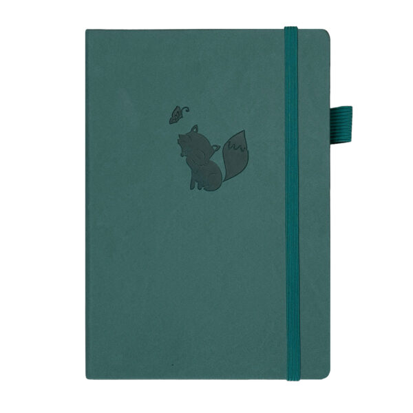 Groen notitieboek met vos- en vlindermotief op de voorkant