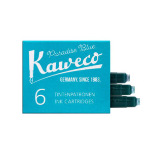 Blauwe verpakking van Kaweco inktcartridges met drie cartridges eruit