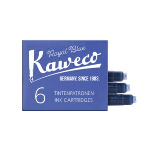 Blauwe doos met zes Kaweco inktcartridges en drie uitgestoken patronen
