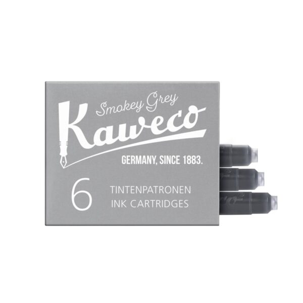 Grijze doos met zes Kaweco inktcartridges en grijze patronen eruit