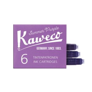 Paarse doos met zes Kaweco inktcartridges en drie uitgehaalde cartridges