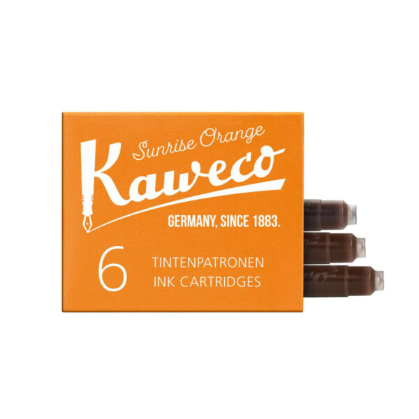 Oranje doos met zes Kaweco inktcartridges en drie uitgestoken patronen