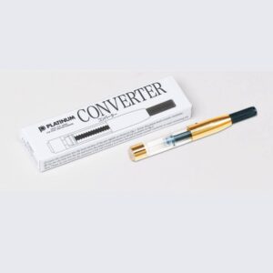 Gouden vulpenconverteur naast witte verpakking met "Platinum Converter" tekst
