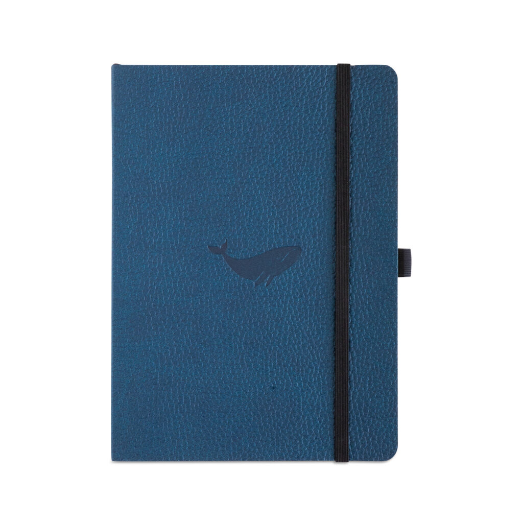Blauw notitieboek met walvismotief en zwarte elastiek