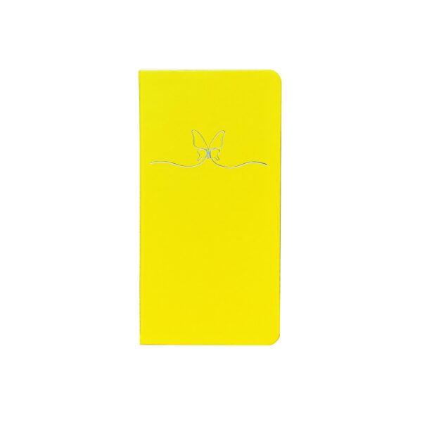 Gele notitieboek met zilveren vlinder-embossing op de voorkant