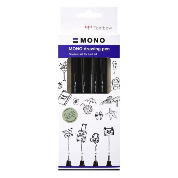Verpakking van vier zwarte Tombow Mono tekenpennen met diverse tipgroottes