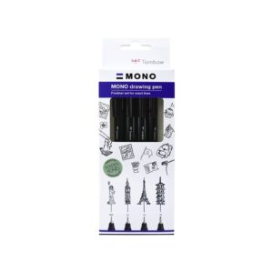 Verpakking van Tombow Mono drawing pen set met vier zwarte pennen