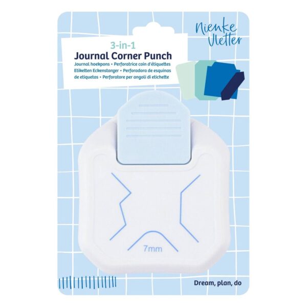 Witte journal hoekpons in verpakking met blauwe achtergrond