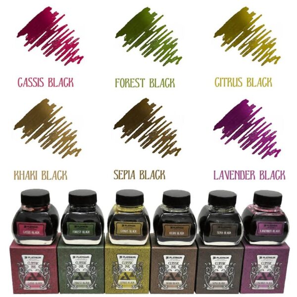 Overzicht van zes flessen Platinum Classic Ink met kleurvoorbeelden