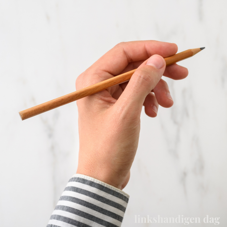 Hand houdt houten potlood vast tegen marmeren achtergrond