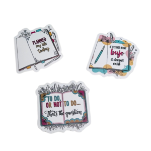 Drie stickers met bullet journal-quotes en boekillustraties