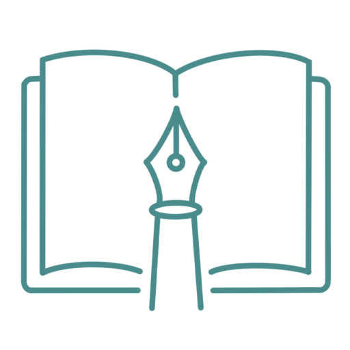 Groenblauw logo van een open boek met een vulpen erin