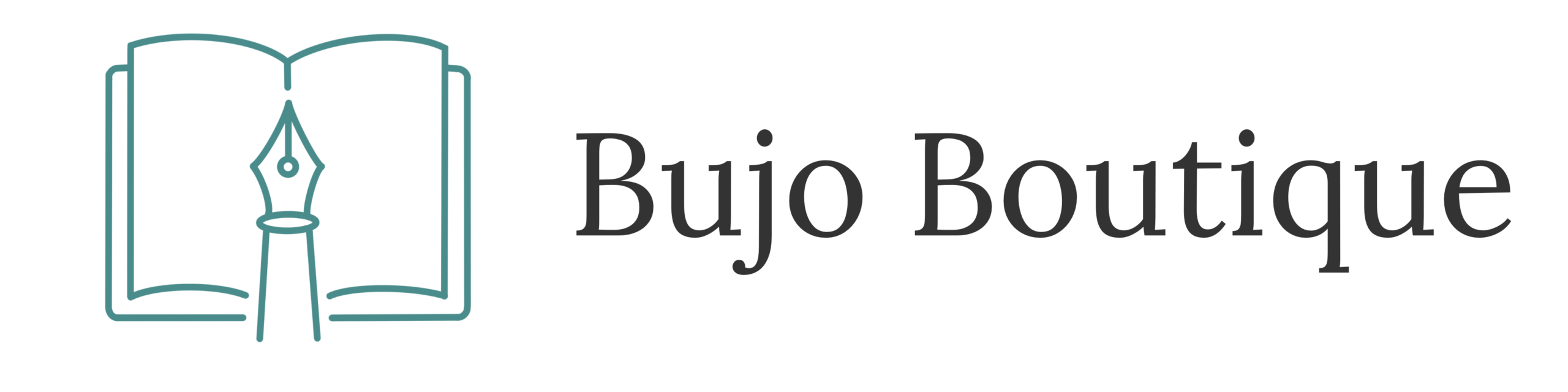 Logo van Bujo Boutique met open boek en vulpen op zwarte achtergrond