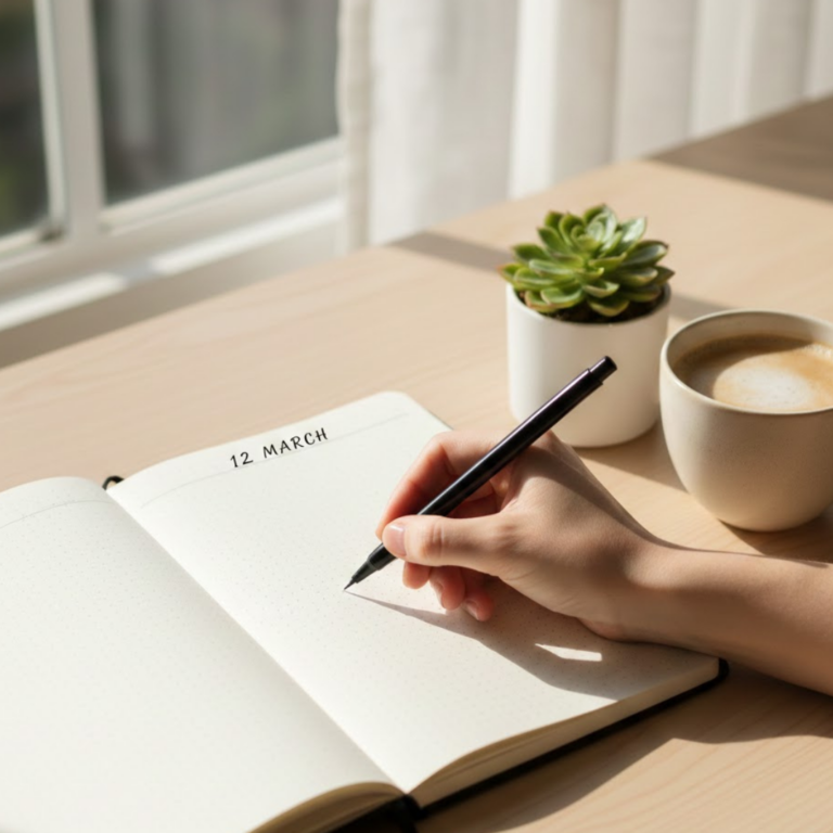 Hand schrijft in open notitieboek op houten tafel naast koffiekop en vetplant