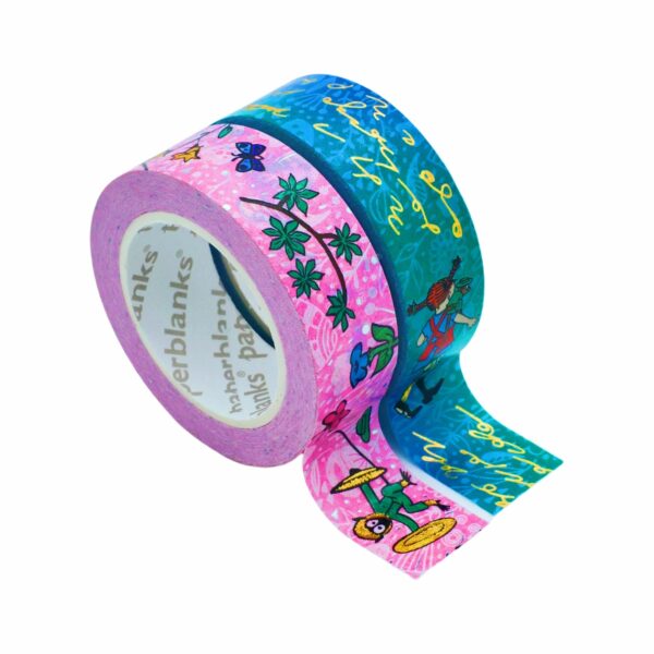 Twee rollen washi tape met kleurrijke Pippi Longstocking-afbeeldingen op witte achtergrond