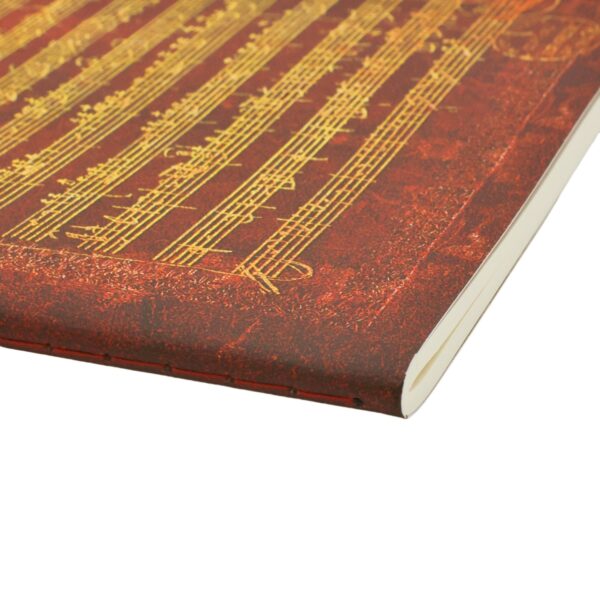9780349714653 Mozart, The Hunt - Dot Grid - A5 - Edge Aan de zijkant van een notitieboek met een rode kaft en gouden muzieknoten