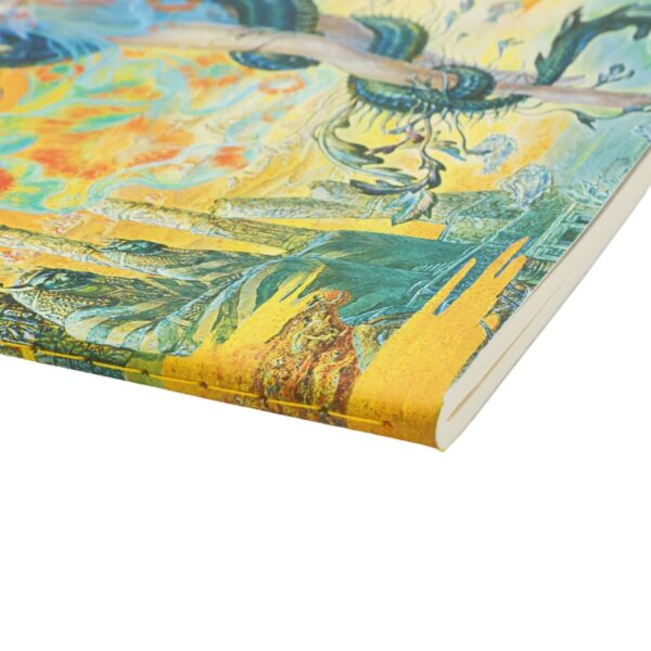 Notitieboek met kleurrijke illustratie op de kaft en gestikte rug