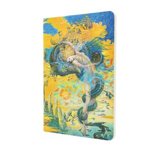 Notitieboek met kleurrijke illustratie van een vrouw en een draak op de voorkant