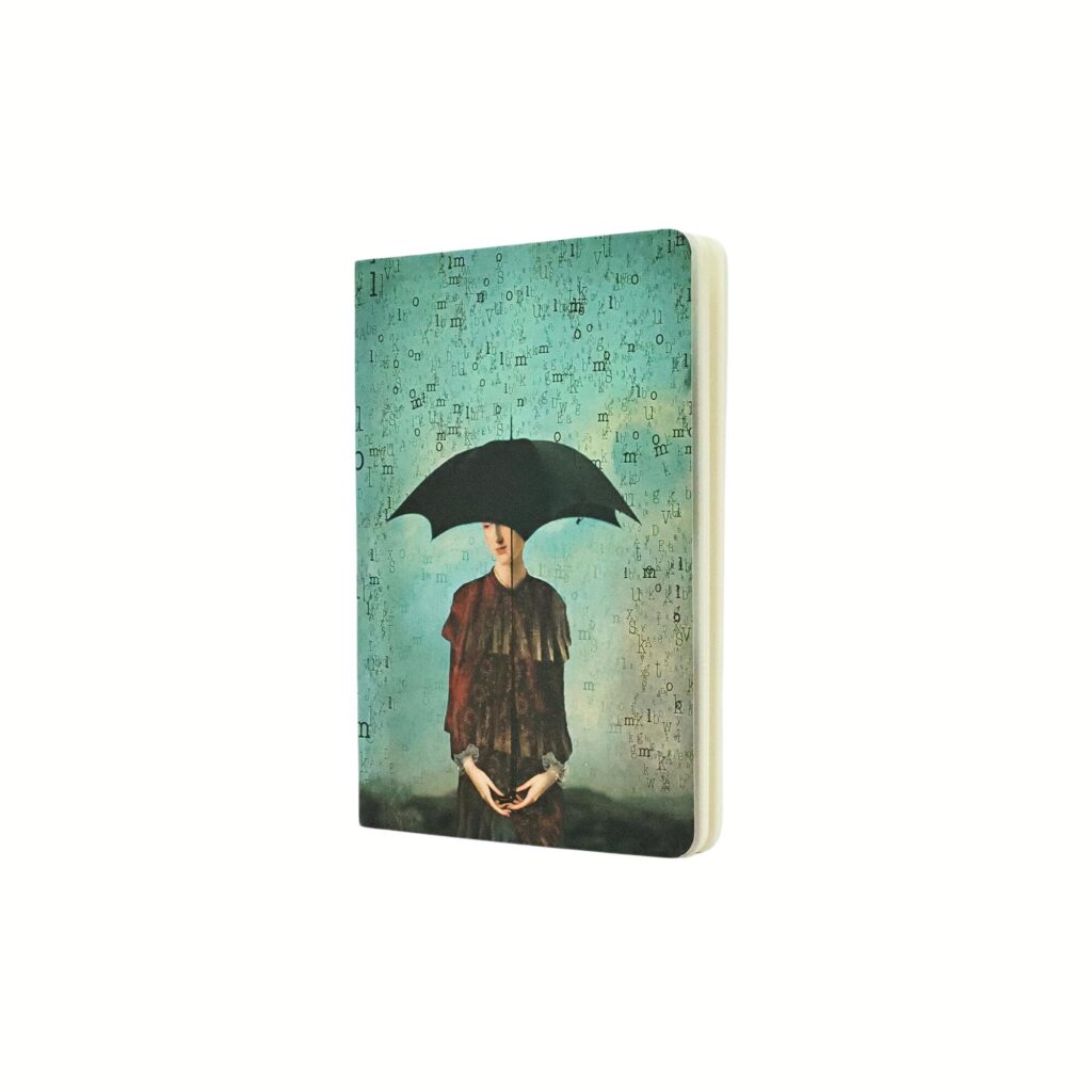 Notitieboek met illustratie van persoon onder paraplu op groenblauwe achtergrond