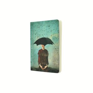 Notitieboek met illustratie van persoon onder paraplu op groenblauwe achtergrond
