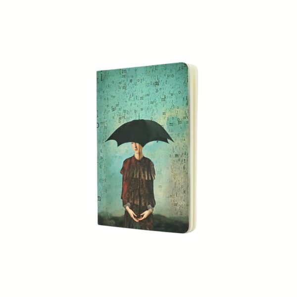 Notitieboek met illustratie van persoon onder paraplu op groenblauwe achtergrond
