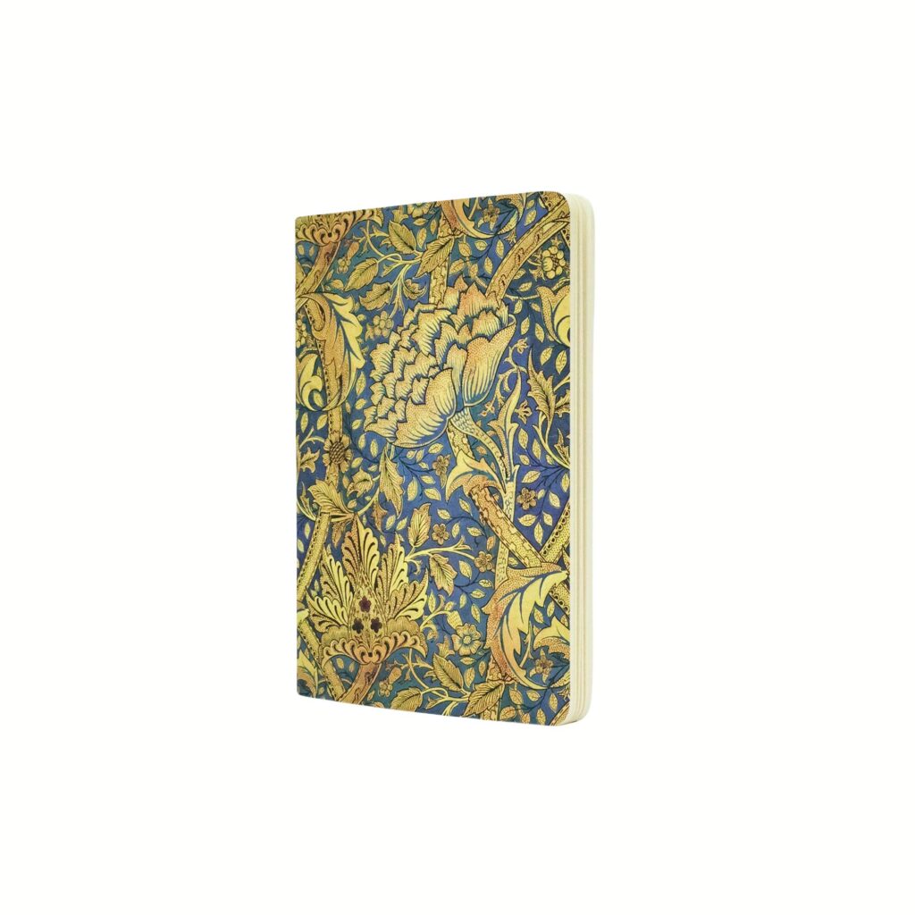 Notitieboek met blauw-gouden bloemenpatroon op de voorkant
