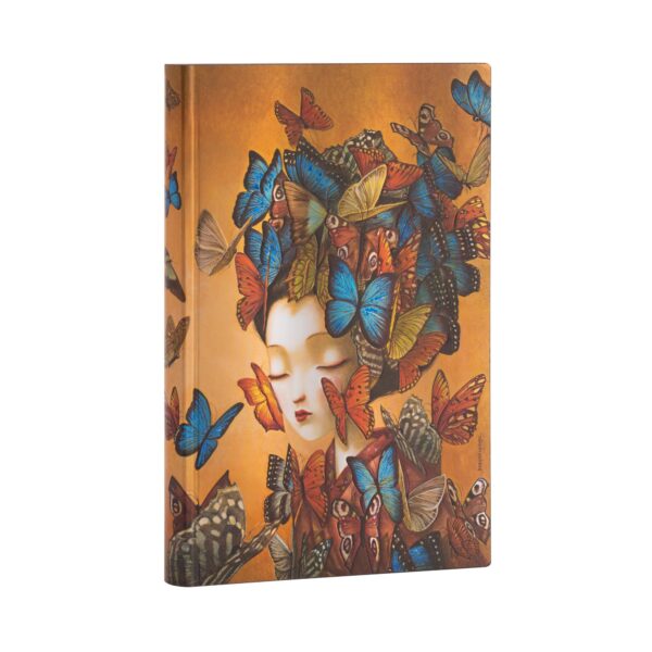 Notitieboek met illustratie van een vrouw en vlinders op een gouden cover