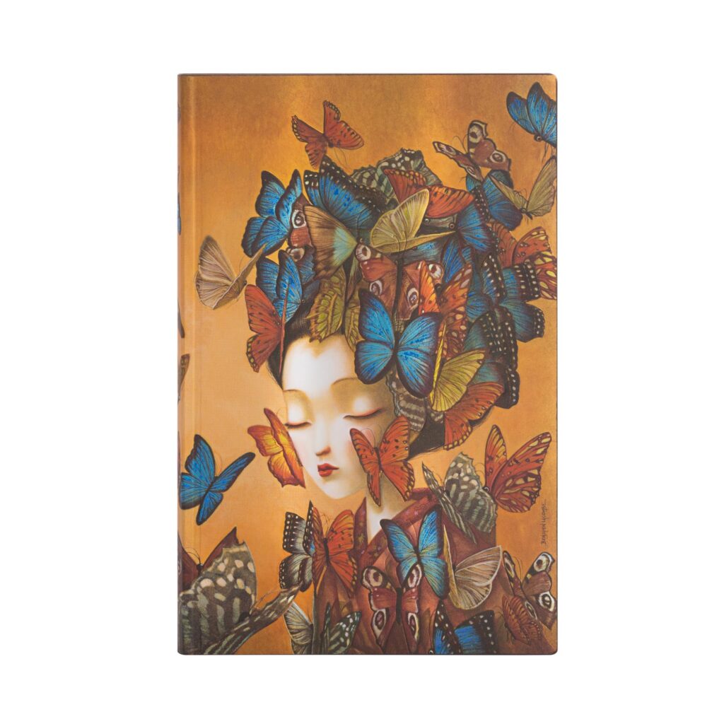 Notitieboek met illustratie van een vrouw omringd door vlinders op oranje achtergrond